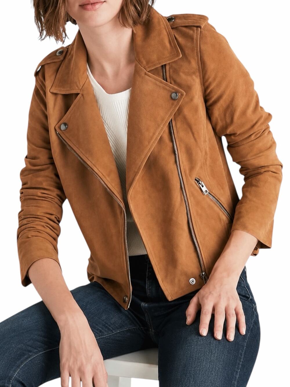 Lucky Brand Goat Suede Asymmetrical Zip Moto Jacket Brown Size XS